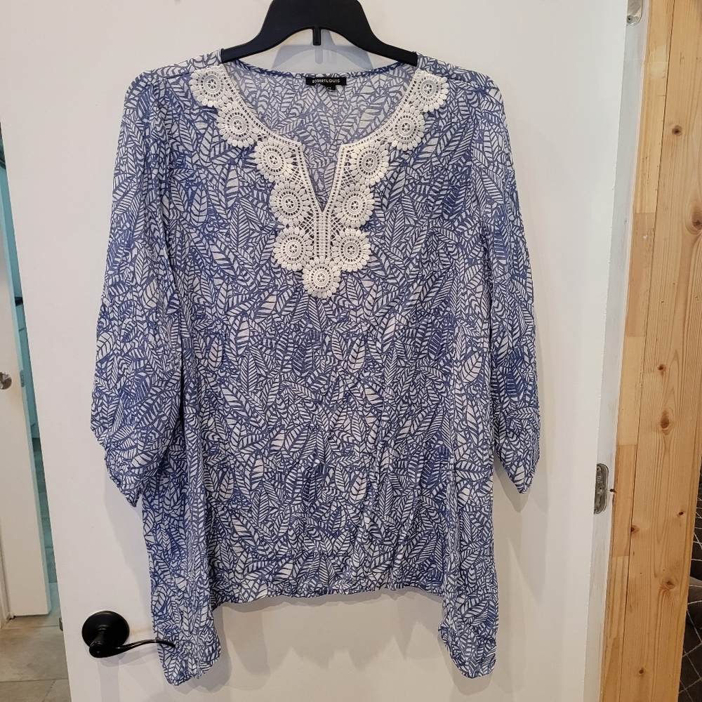 Robert Louis Blue and White Leaf Print Blouse with Crochet Detail